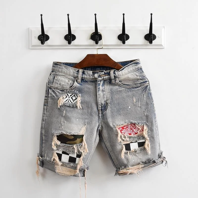 Summer denim shorts, men's personality, beggar patch, hole patch, slimming fashion label, versatile Korean version, trendy
