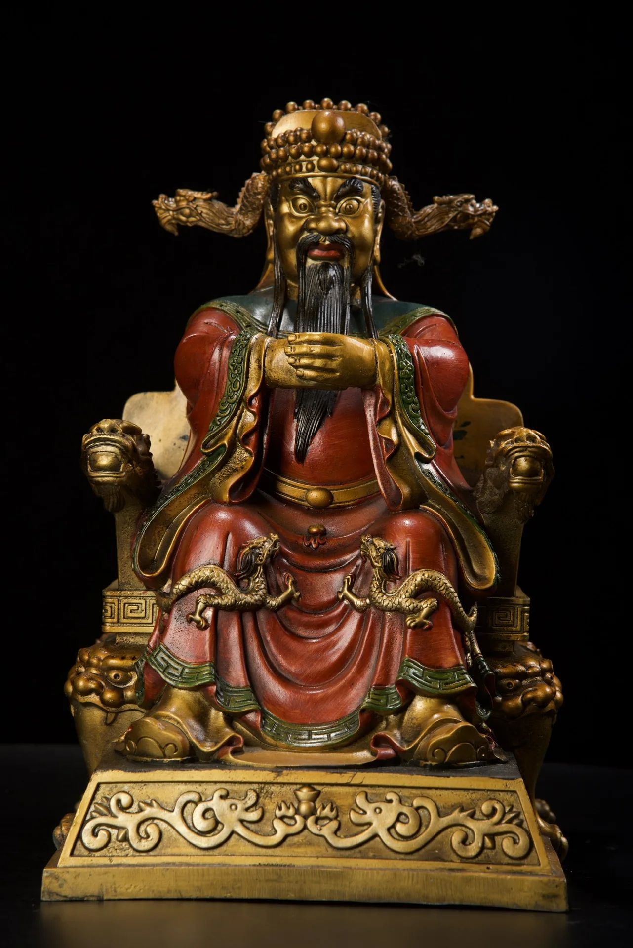 

14"Tibet Temple Collection Old Bronze Painted Dragon King seated statue God of Wealth Dragon chair Worship Hall Town house