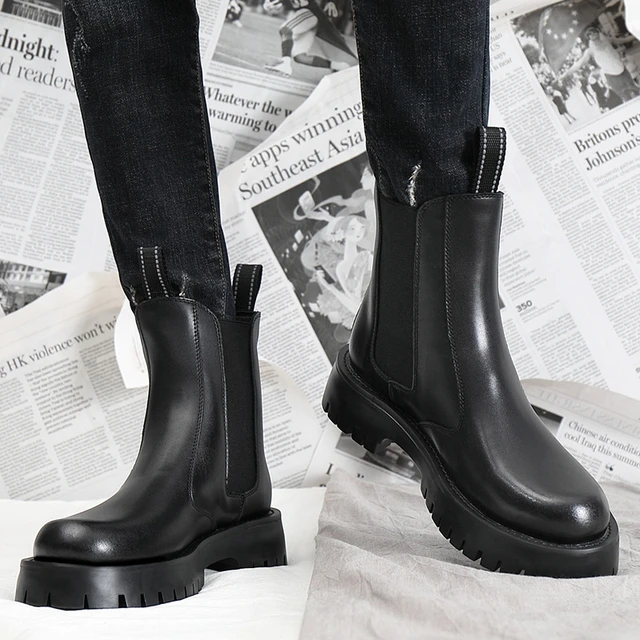 Botas chelsea estilo inglés para hombre, zapatos plataforma de tendencia negra, botas vaqueras altas, de cuero genuino, para primavera y otoño - AliExpress
