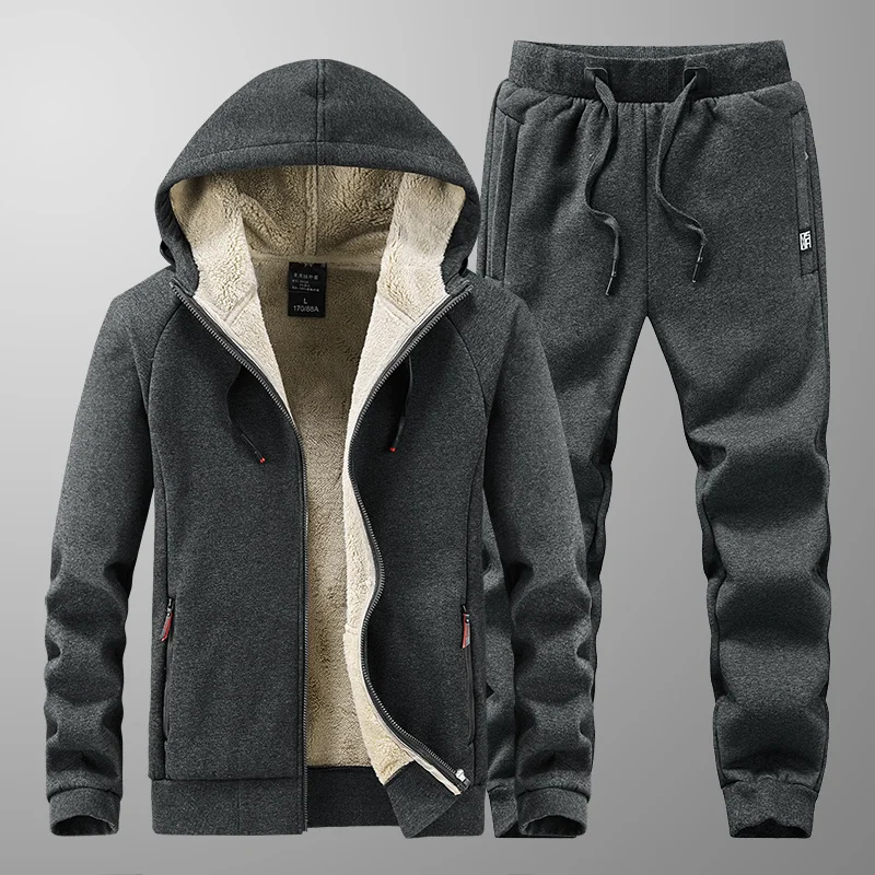 Inner Fur Mens Tracksuits Winter Men's Set Warm Hoodies Suit Casual Fleece Lined Sweatshirts Men's 2 Piece Set Sportswear 2021