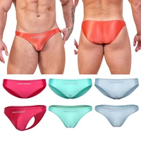 AMORESY Fashion Men's Sexy Glossy Thin Swimming Trunks Breathable Satin Beach Soft Thong Briefs Solid Low Waist Tights Underwear 1