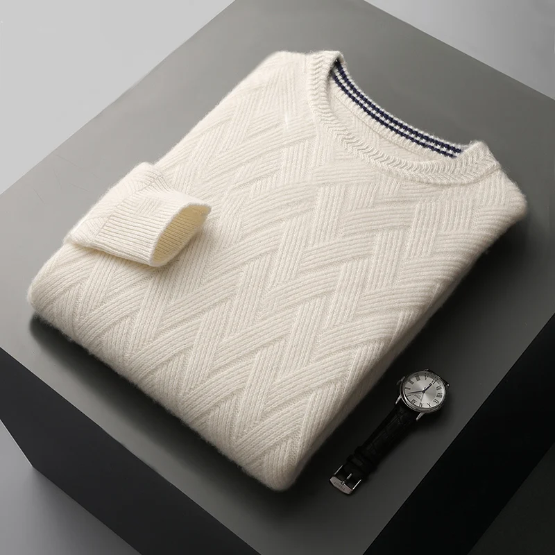 100% pure wool sweater men's round neck jacquard cashmere sweater new thick long-sleeved cashmere sweater in autumn and winter