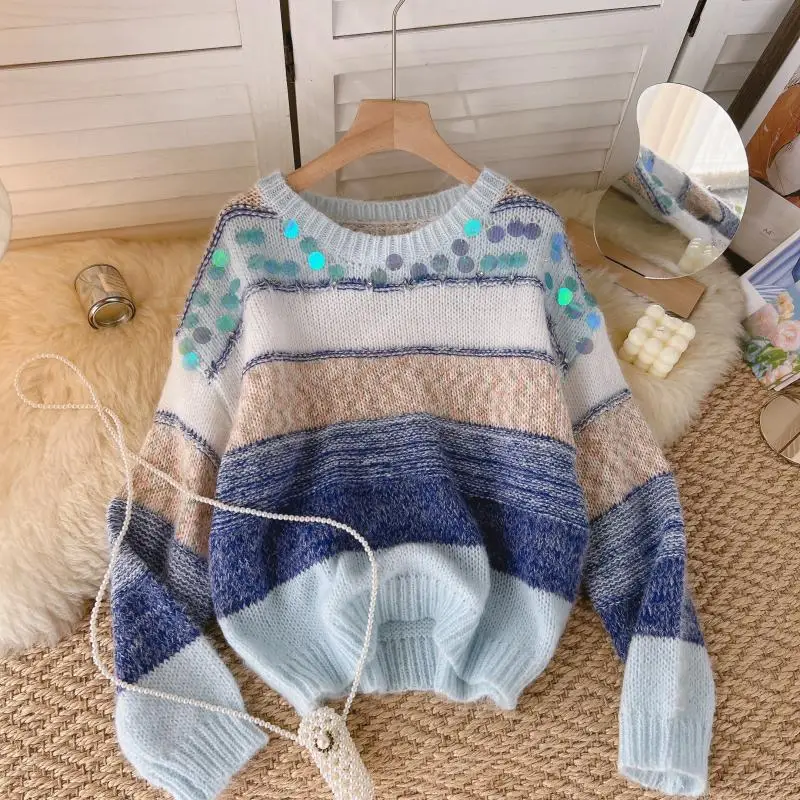 

Gentle Wind Contrast Color Round Neck Soft Glutinous Sweater Autumn and Winter New Women's Lazy Style Long-sleeved Knitted Top