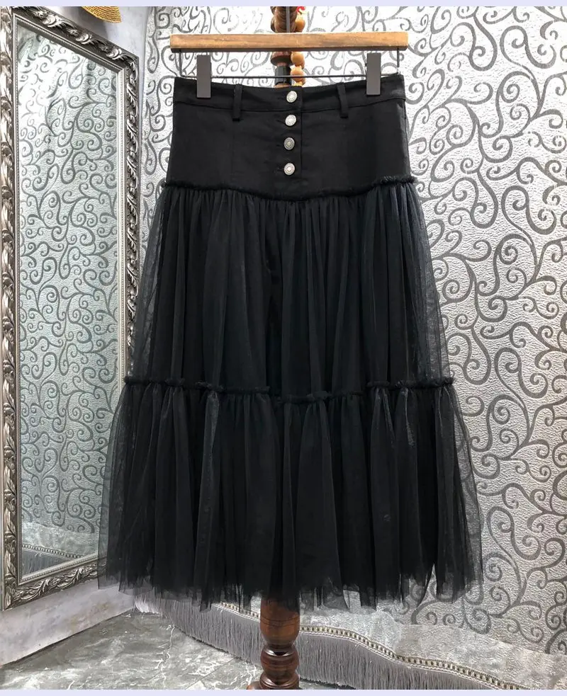 

New Korean Fashion Long Skirts 2022 Autumn Winter Party Club Women High Quality Denim Patchwork Casual Black Gown Skirts Mesh