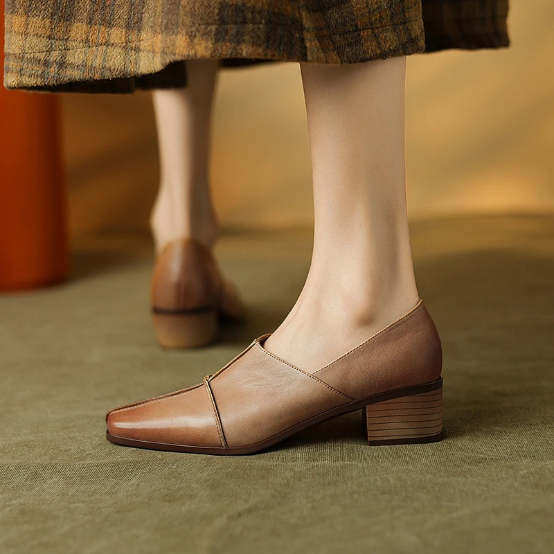 

2024 Spring/Autumn New Women Pumps Genuine Leather Shoes for Women Square Toe Chunky Heels Women Shoes Elegant Mid Heels Shoes