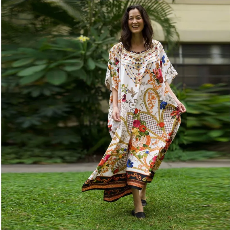 European and American Women's Clothing Muslim Print Loose Robe Middle East Beach Cover-up Holiday Dress
