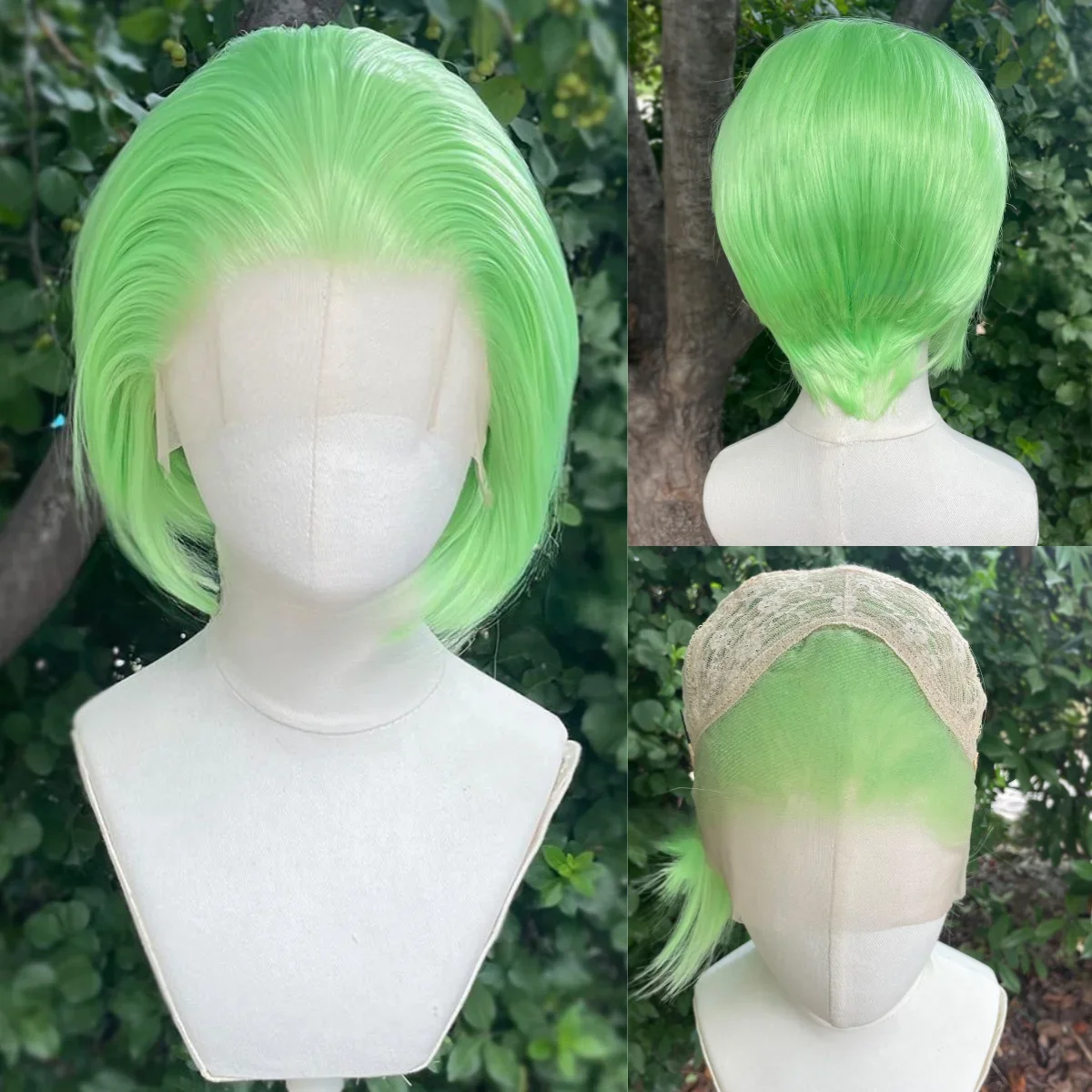 6inch Short Straight 13x4 Synthetic Lace Wigs High Density Glueless Wig For Men's Halloween Costume Light Green Wig