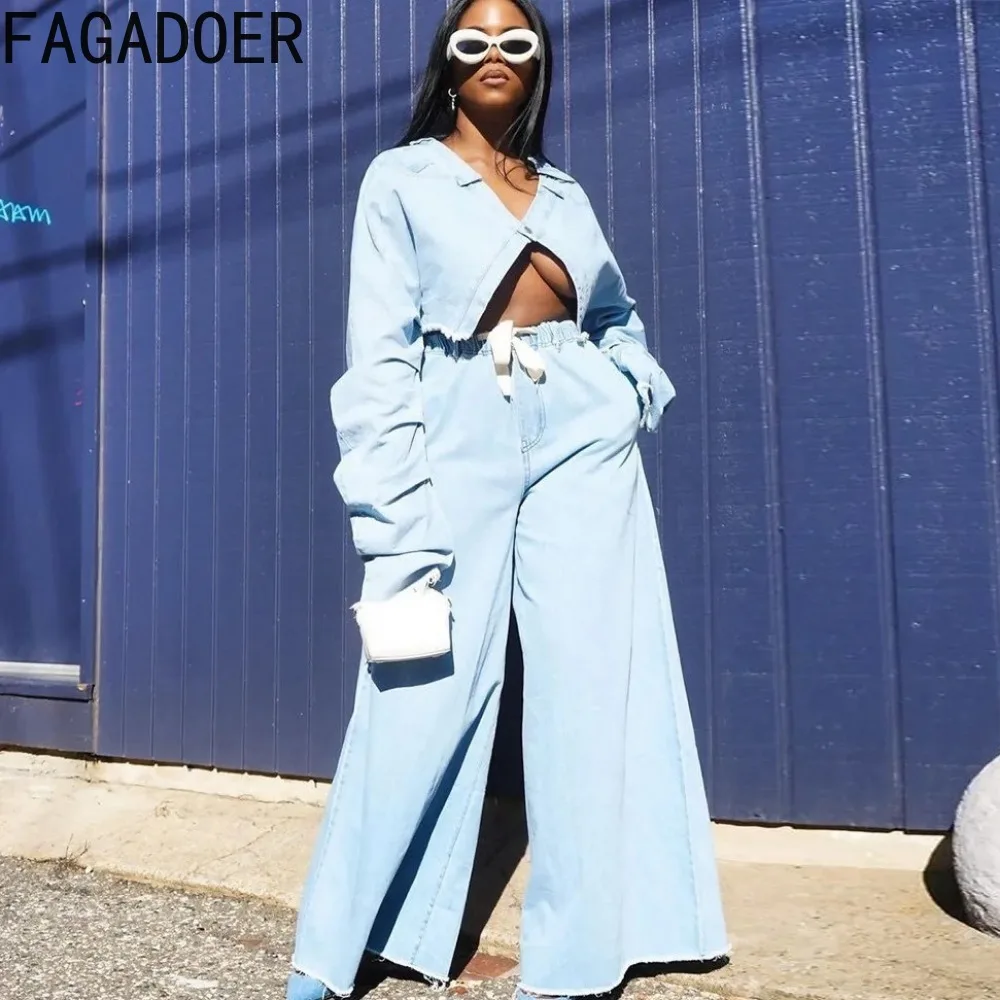 FAGADOER Blue Fashion Denim Wide Leg Pants Two Piece Sets Women V Neck Button Long Sleeve Crop Top And Drawstring Pants Outfits