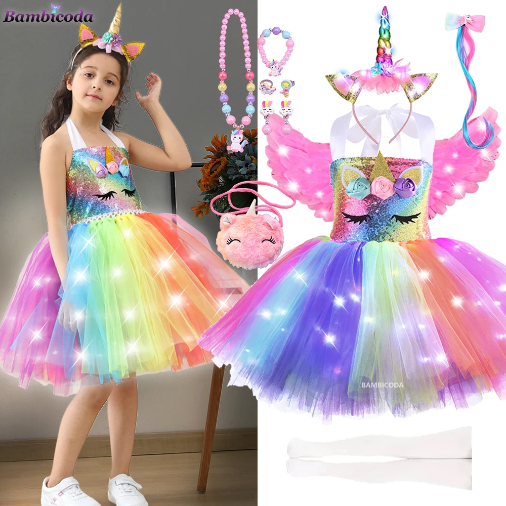 Girls Shiny Unicorn Tutu Led Lighting Dress Glowing Kids Dresses Halloween Party Princess Dress Children Clothing Vestidos
