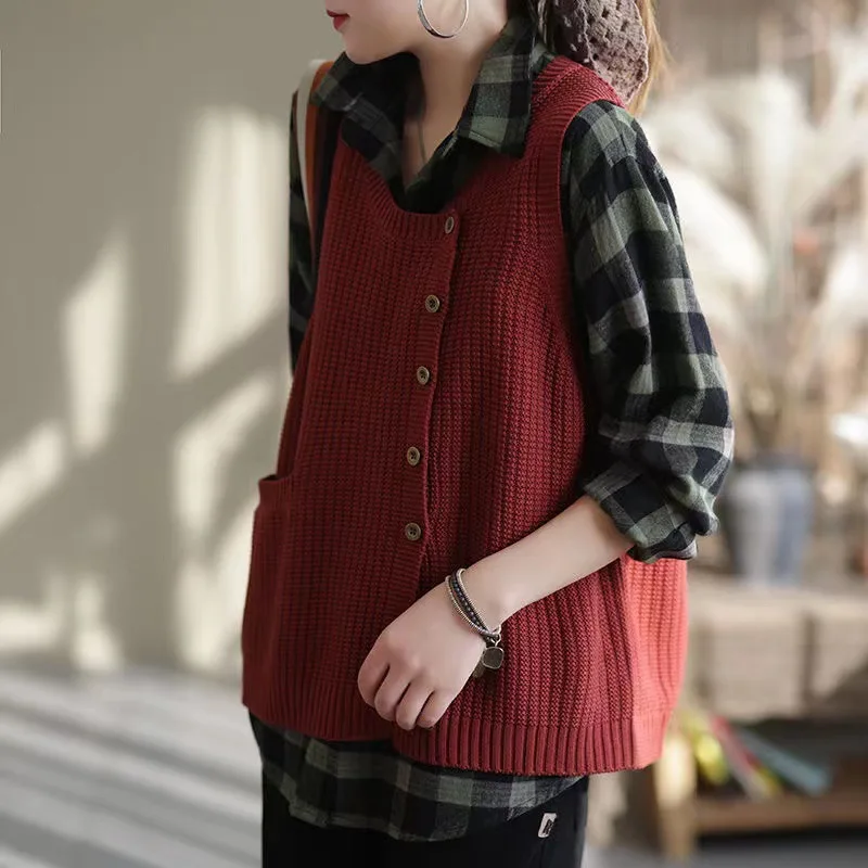Women Autumn Elegant Knitted Button Sweater Vest Female Casual Sleeveless Waistcoat Jumper Pullover Tops