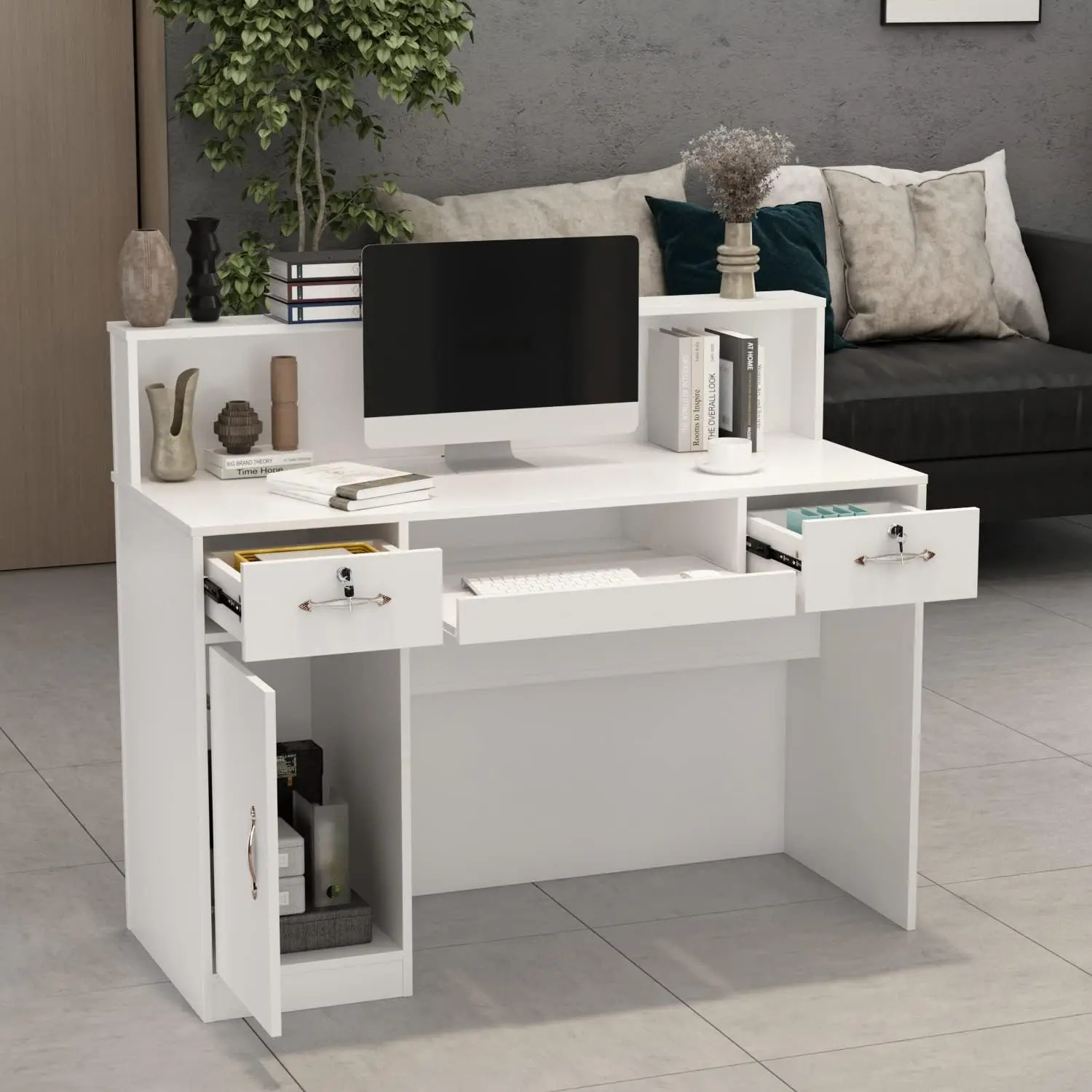 AIEGLE Reception Desk with Counter, Retail Counter with Lighted Display Shelf & Lockable Drawers, for Salon Reception Room Check