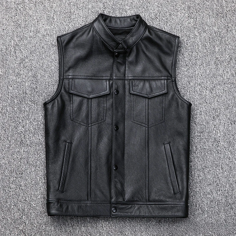 2024 New Men's Leather Vest Zipper Button Casual Motorcycle Vest Men's Punk Rock Sleeveless Leather Tops