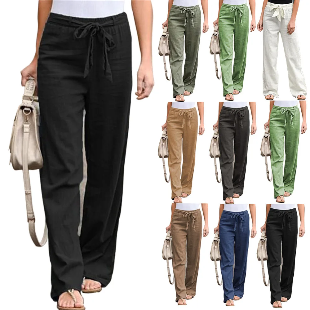 Women Pants Cotton Linen Solid Color Elastic Loose Drawstring Wide-Leg High Waist Trousers Stretch Straight Casual
