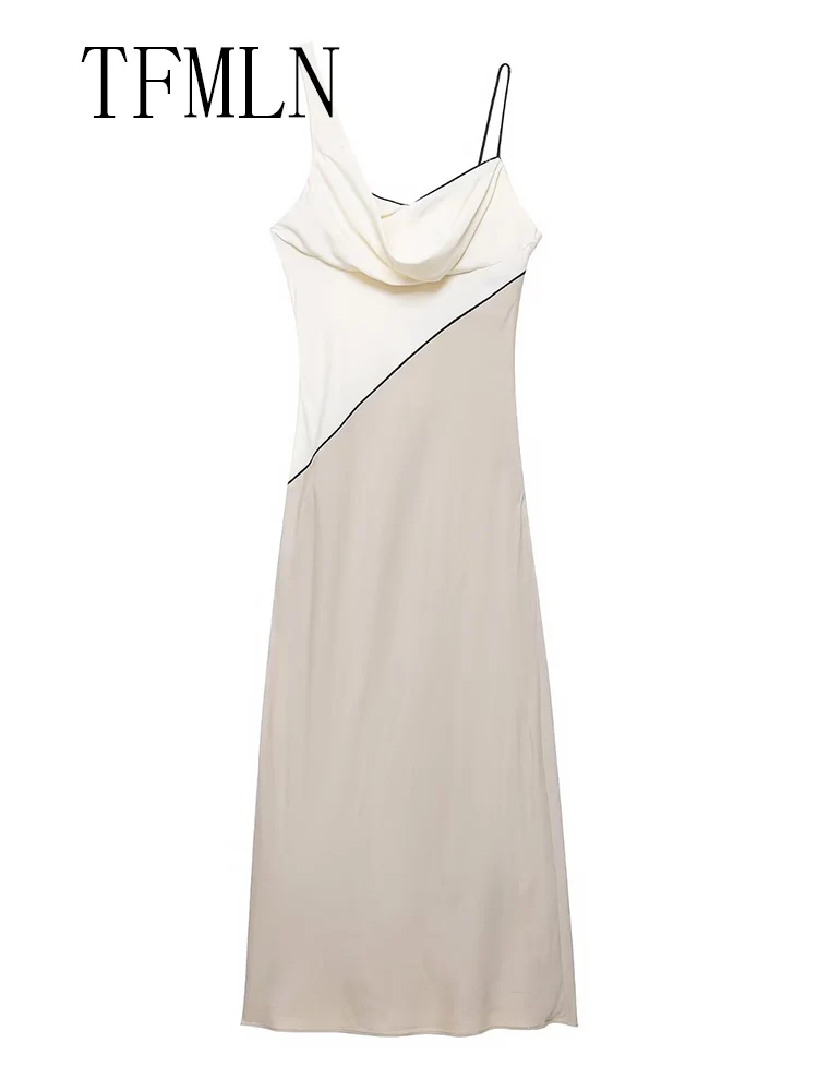 TFMLN Elegant Women Patchwork Slim Strap Dress 2025 Summer Pile Collar Sleeveless Beach Party Dress Sexy Asymmetrical Midi Dress