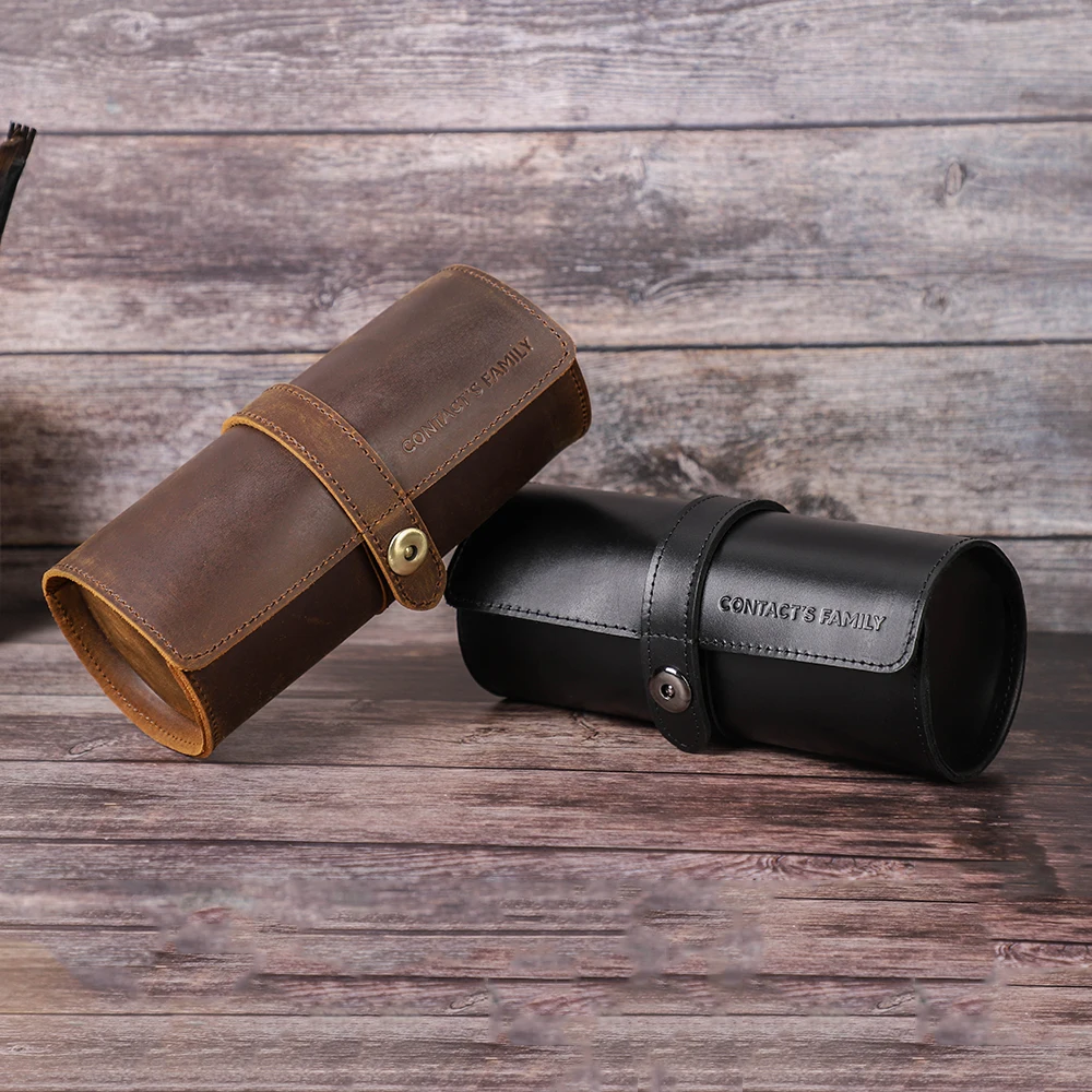 CONTACT'S FAMILY Genuine Leather Watch Roll Case Organizer 3 Slots Watch Travel Portable Holder For Men Women Vintage Gift Box watch storage box