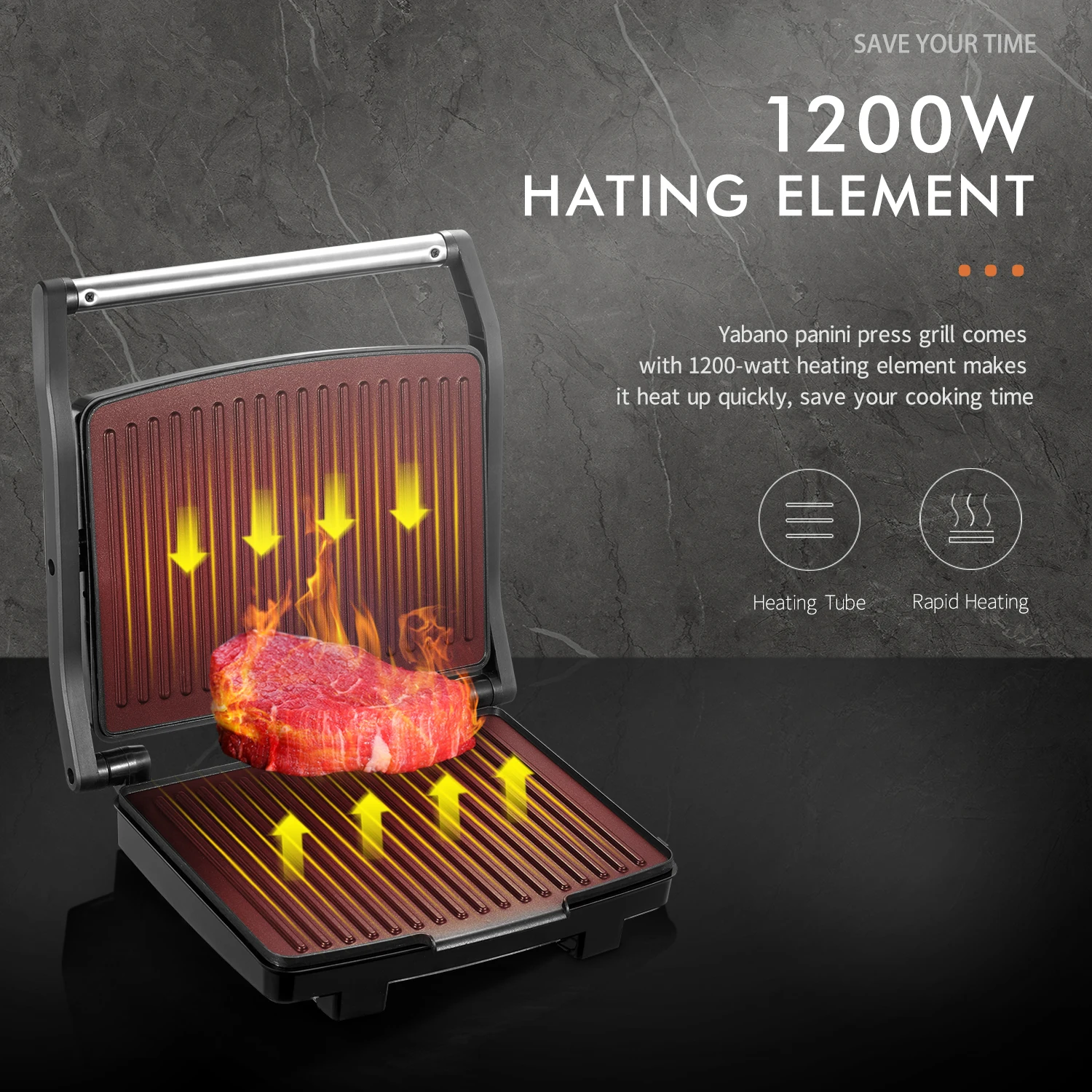Yabano Panini Press Grill, Gourmet Sandwich Maker, Electric Indoor Grill with Non-Stick Cooking Plate and Removable Drip Tray, E 2