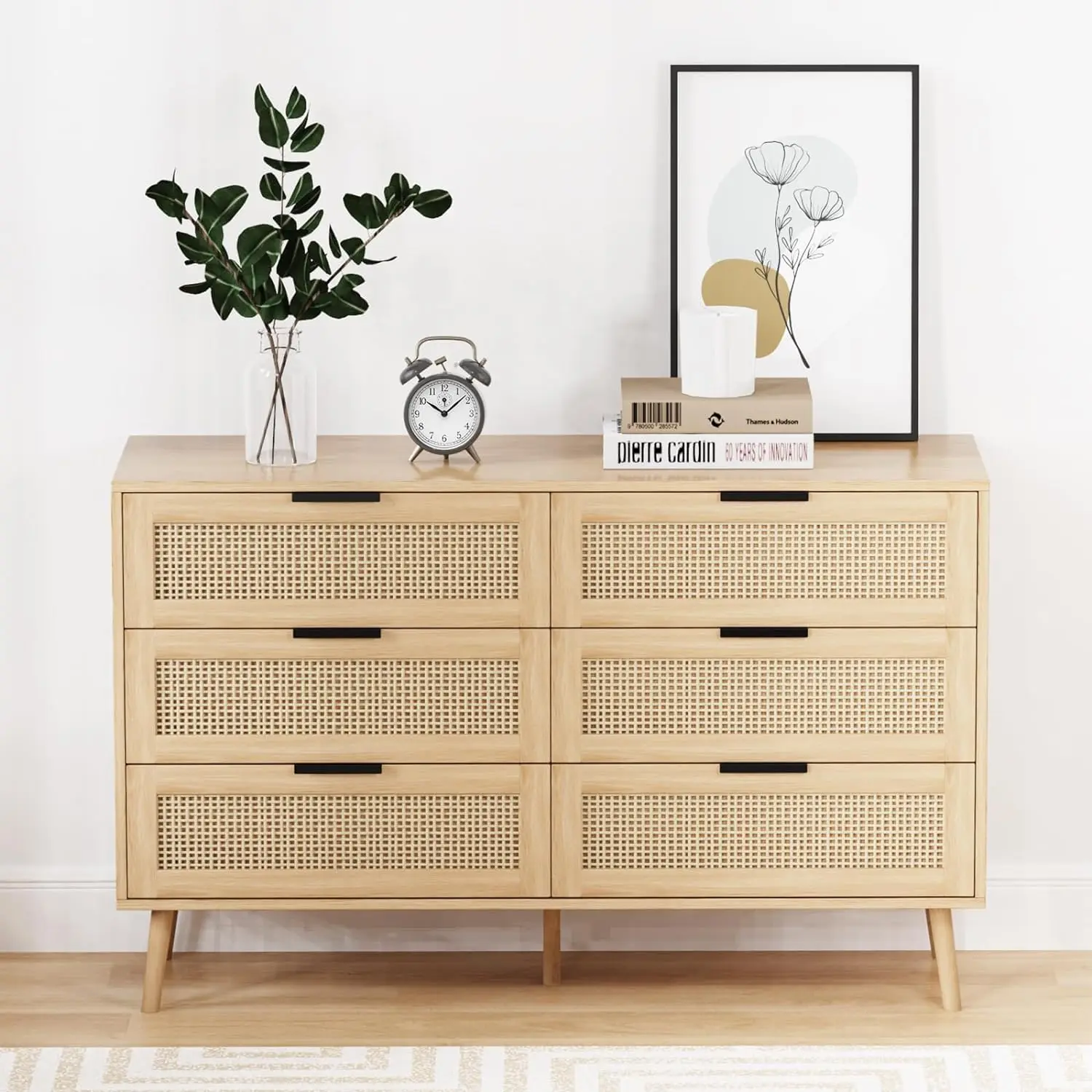 

Rattan Dresser for Bedroom with 6 Drawer, Wood Durable Dressers & chests of Drawers with Black Handles, Storage Double Drawers