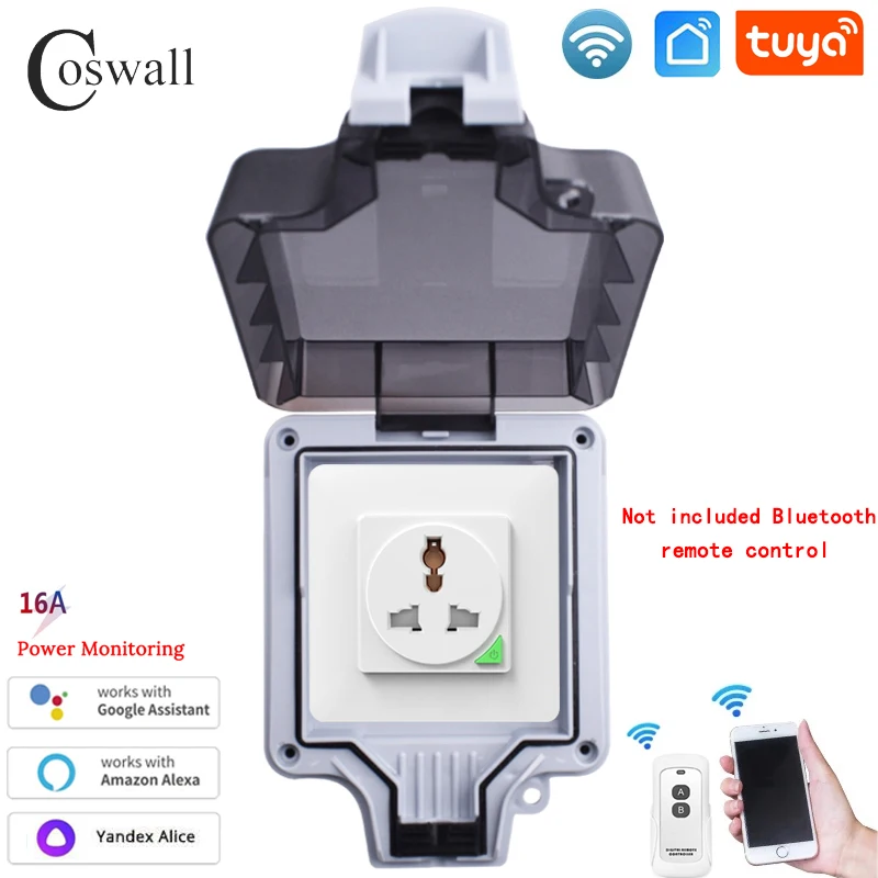 Coswall 범용 3 홀 소켓 투야 와이파이 지그비 타이머 스위치, 전원 모니터링 기능 프로그래밍 가능, 흰색, IP66 방수