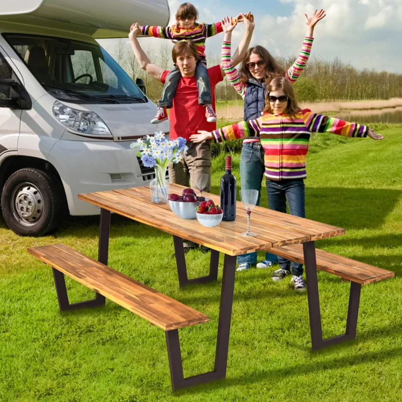 

70 Inch Dining Table Set with Seats and Umbrella Hole Outdoor Tables Wood Picnic Table