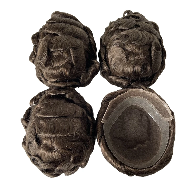 Mongolian Virgin Human Hair Hairpiece #7 Brown Color 32mm Wave Hollywood Unit 8x10 Lace with PU Toupee for White Men