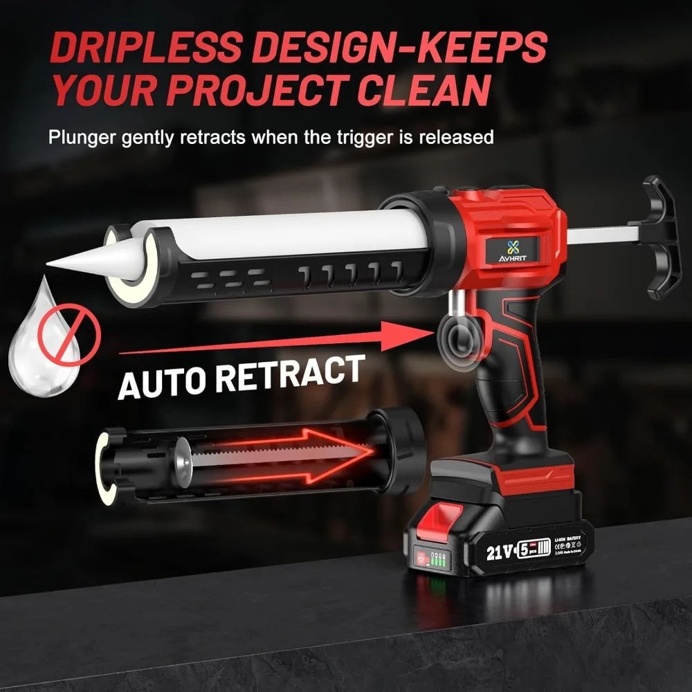Cordless Caulking Gun, [ Upgraded] 21V Dripless Caulk Gun with LED Light, 10oz/300ml Silicone Gun for Filling Sealing