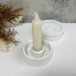 Stripped Round Candle Holder Silicone Mold, Small Circle Candlestick Holder with Strips Casting Moulds Resin Concrete Molds