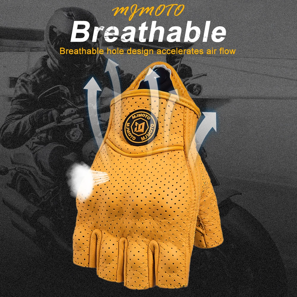 Vintage-Style Yellow Leather Fingerless Motorcycle Gloves