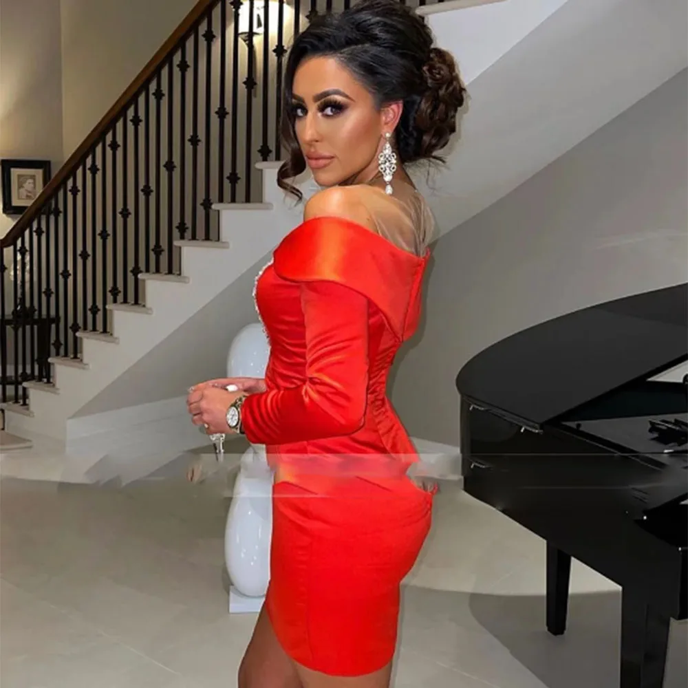 Christmas Cocktail Dress Beads Sheer Neckline Mini Birthday Party Gown Off Shoulder Long Sleeves Homecoming Gown
