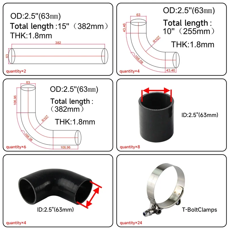 Intercooler 550*180*64mm DIY Aluminum 2.5" 12PCS Piping Hose Clamps Kit +Bar & Plate Front Mount Turbo Black Wrinkle