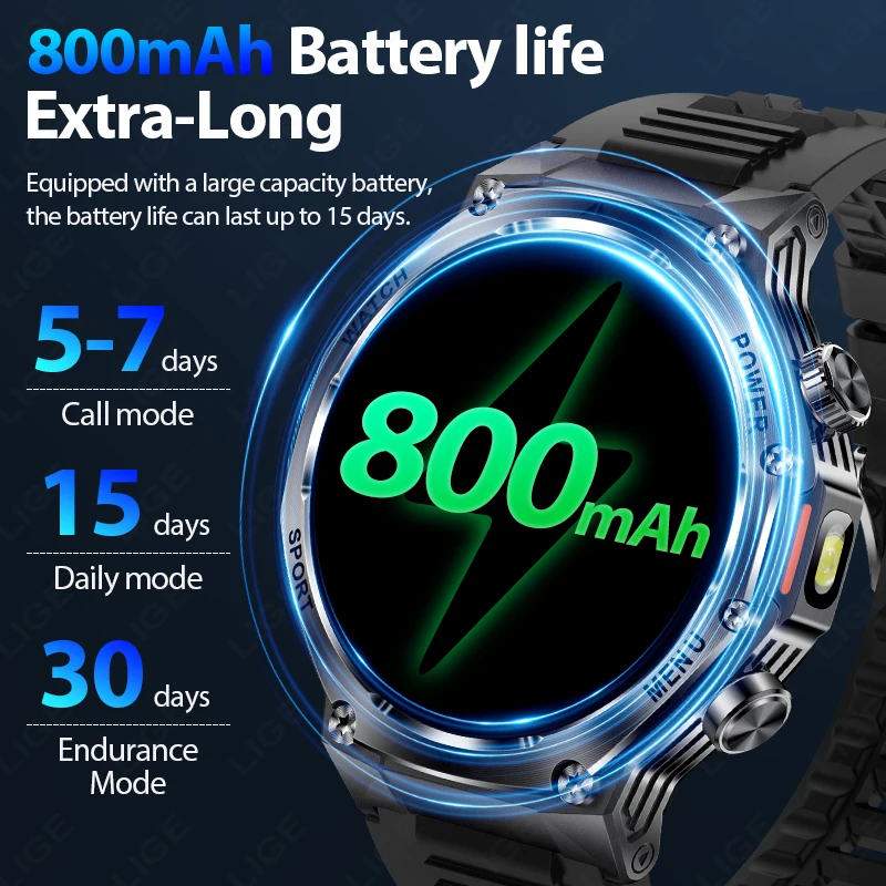 LIGE New Smart Watch Men 800mAh Ultra Long Battery Life Waterproof Outdoor Sport Watches Bluetooth Call Military Smartwatch 2025 2