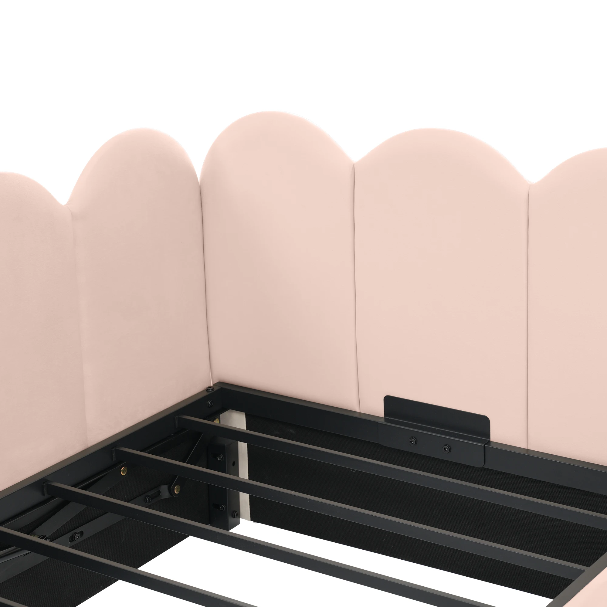 90x200 cm großes Tagesbettsofa aus rosafarbenem Samt mit hydraulischem Stauraum, Metalllattenrost, ohne Matratze. – Detail 17