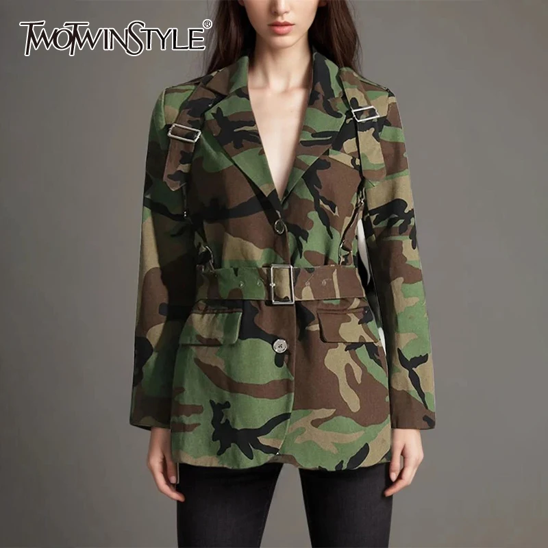 

TWOTWINSTYLE Hit Color Camouflage Patchwork Belt Blazer For Women Notched Collar Long Sleeve Spliced Pocket Chic Blazers Female