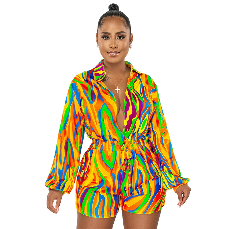Znaiml Sexy Tie Dye Print Long Sleeve Shirt Romper Playsuit for Women y2k Jumpsuit One Pieces Shorts Party Night Club Outfits