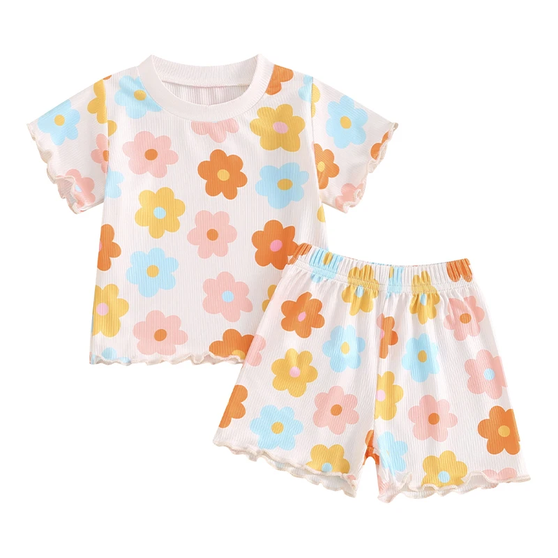 

Toddler Baby Girls Summer Outfits Daisy Ruffle Short Sleeve T-Shirts Tops Floral Shorts 2Pcs Clothes Set 6M-4T