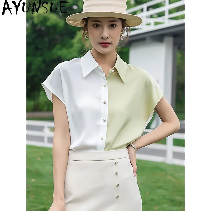 

100% Mulberry Silk Short Sleeve Top Summer Shirt Women Clothes 23 Fashion Patchwork Blouse Elegant Feminine Shirts Chemise Femme