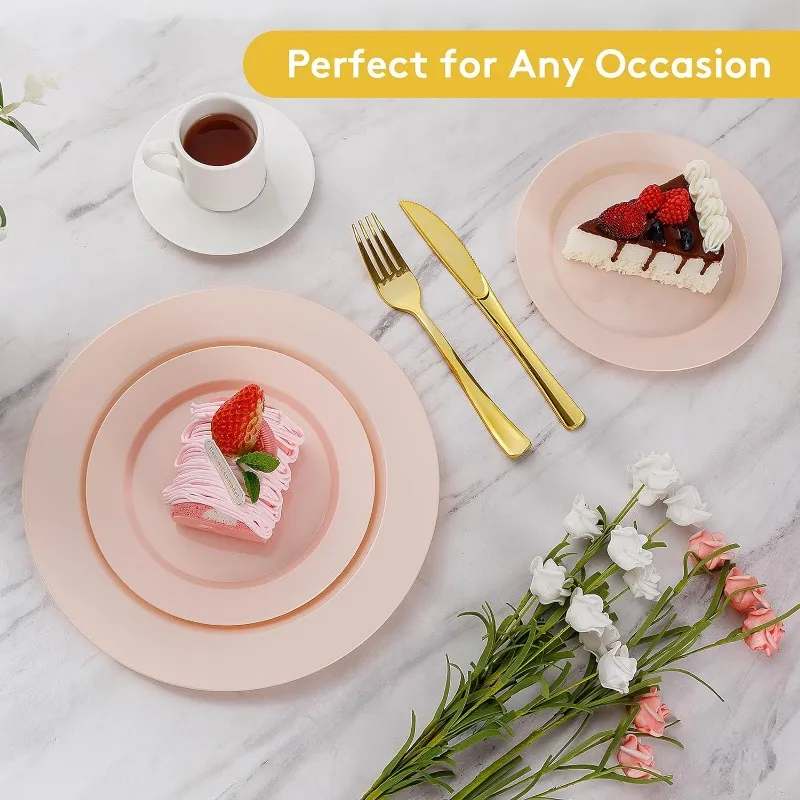 200PCS Disposable Pink Plastic Plates, Heavy Duty Disposable Plates with 100 10.25 inch Plastic Dinner Plates