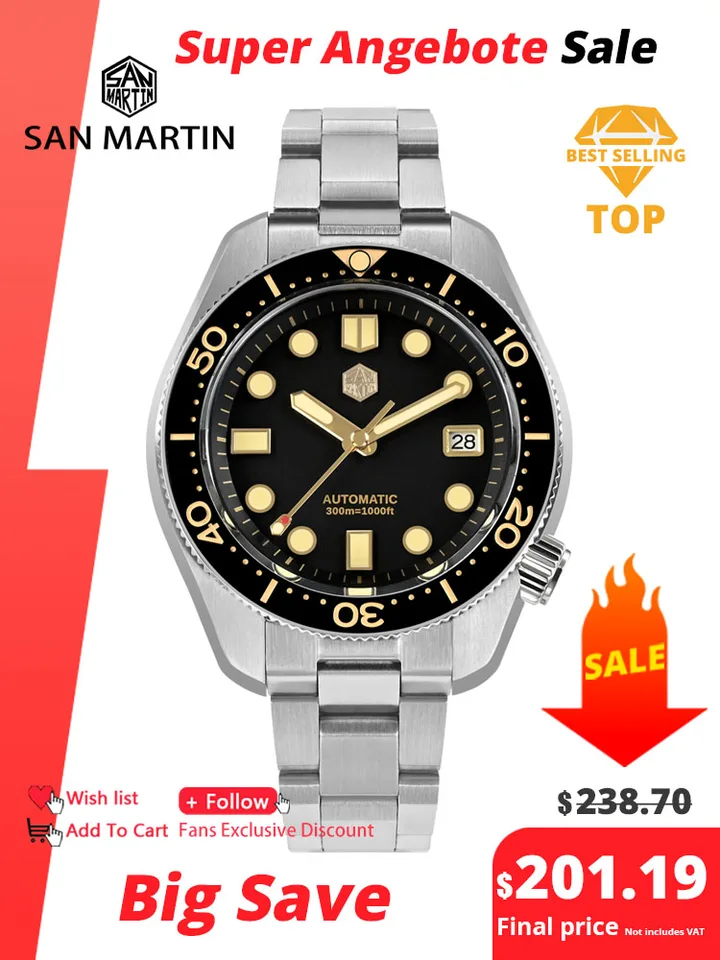 San Martin 44mm Men Diver Watch Vintage MM300 Gilt Dial Sport NH35