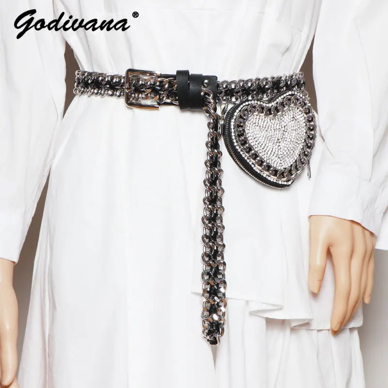 

INS European American Punk Rhinestone Inlaid Belt Women's Chain Woven Leather Waistband Fashion Detachable Mini Bag Waist Belt