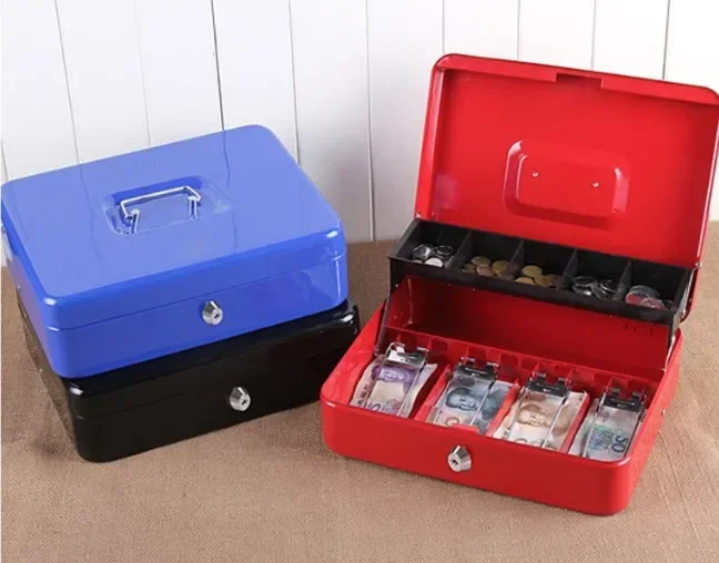 Cash Box with Money Tray and Key Lock Tiered Cantilever Design 4 Bill / 5 Coin Slots Safety Box for Supermarkets Small Business 6