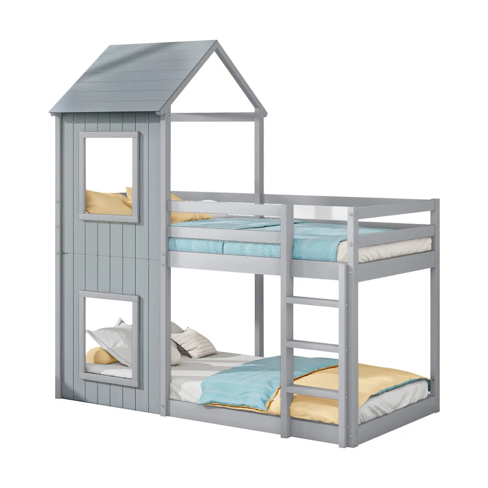 90*200cm Massivholz-Etagenbett mit Leiter & Baldachin Bodenfreundliches Kinder-Hausbett Robuste Schlafzimmermöbel Fotografie-Requisiten – Detail 19