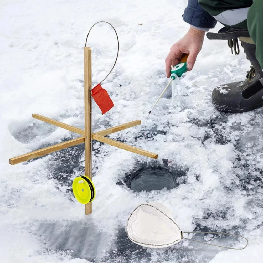 MNFT 3Pcs Ice Fishing Tip up with Flag Wooden Fishing Platform