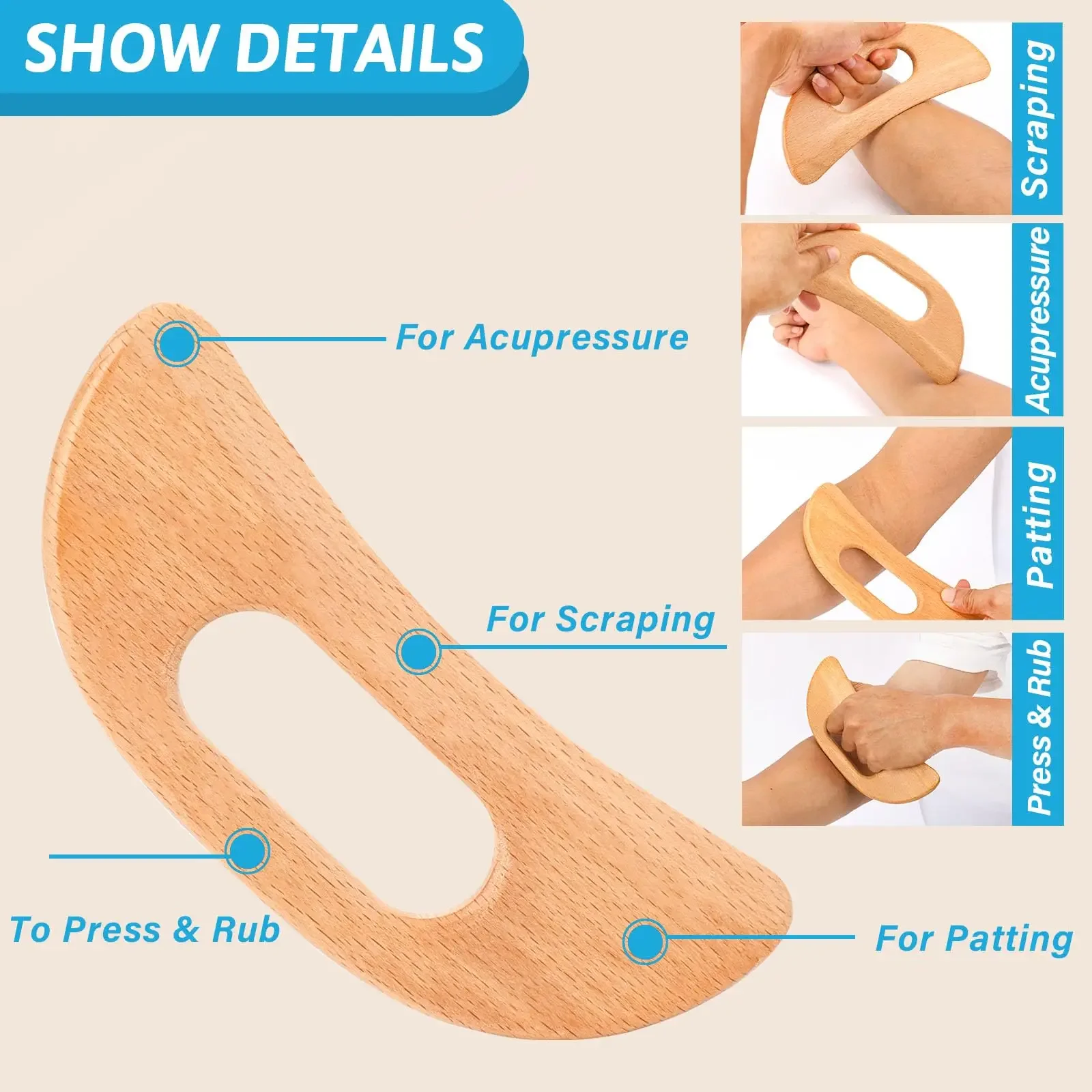 Wooden Gua Sha Tool Manual Massage Scraper for Lymphatic Drainage Slimming Guasha Massage Board Body Tissue Gua Sha Paddle Tool 5
