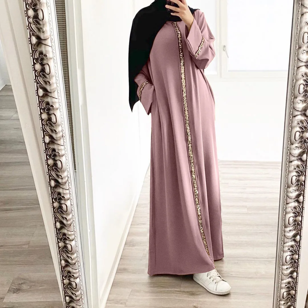 New Muslim Robe Spliced Solid Color Chiffon Trimmed Sequin Dress