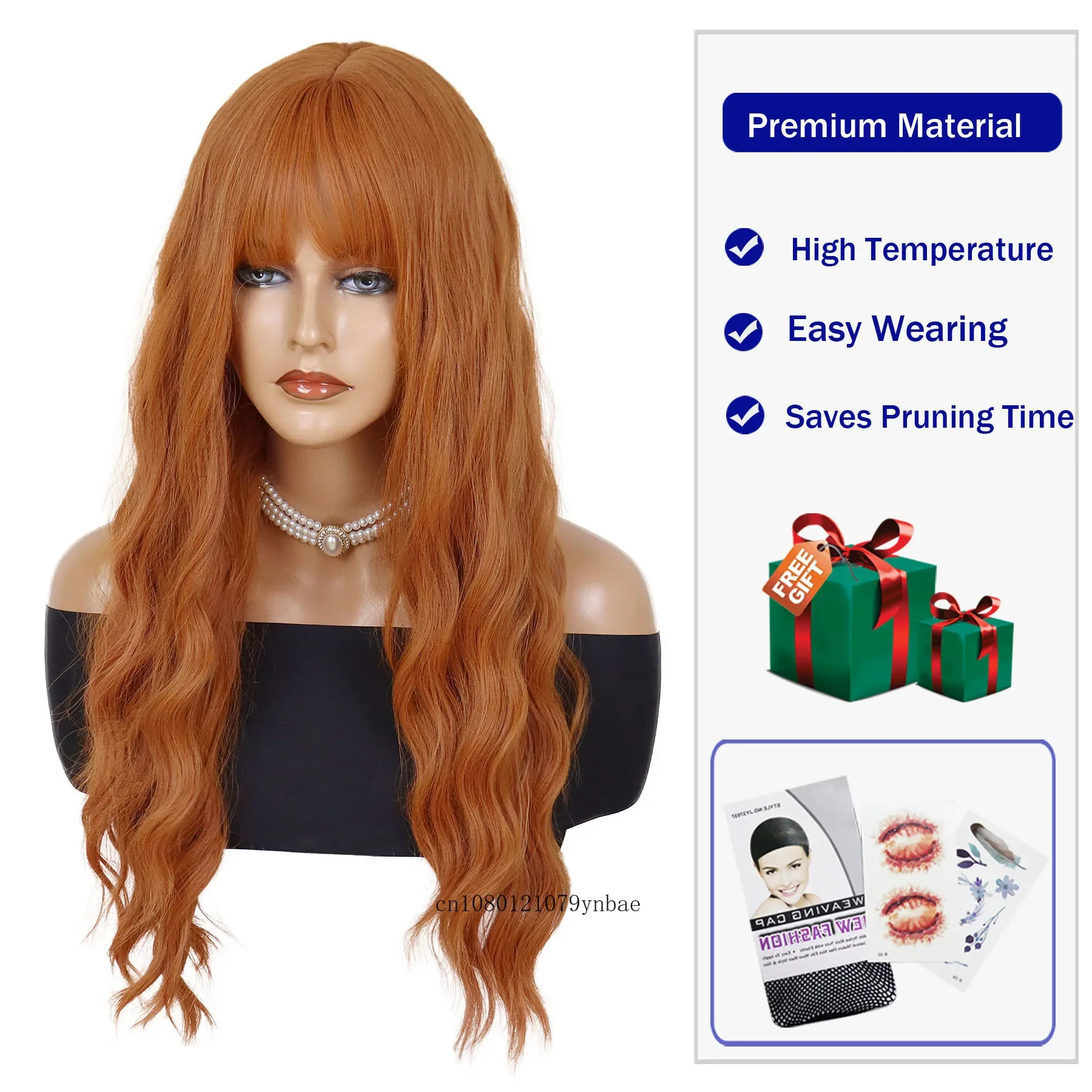 Synthetic Long Water Wavy Wig with Bangs for Women Lady Anime Orange Lolita Wigs Costume Halloween Cosplay Party Heat Resistant