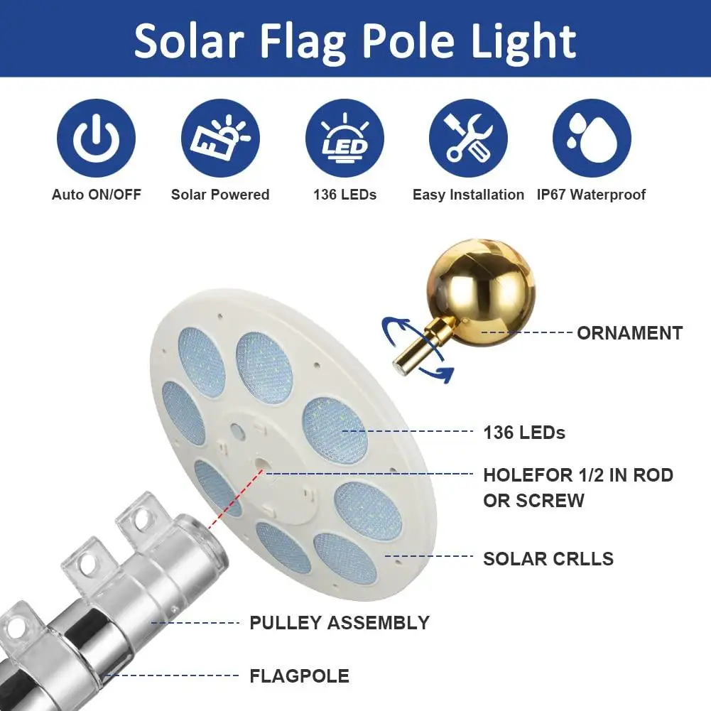 136LED Round Solar Flag Pole Light Super Bright Energy Saving IP65 Waterproof Flagpole Lights Auto On/off Outdoor Camping Lamp solar lights