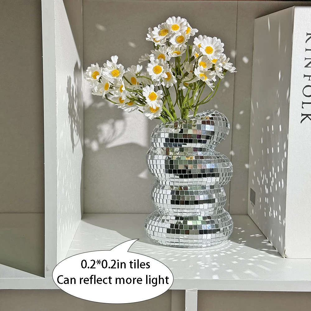 Disco Ball Spiral Vase Unique Glass Tiles Flower Bottle Disco Ball Planter Silver Mirror Vase Home Living Room Office Decor 3