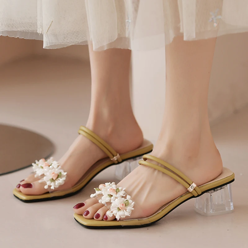 Rimocy Lace Floral Sandals for Women 2022 Summer Fashion Square Toe Beach Slippers Woman Clear High Heeled Shoes Sandalias Mujer