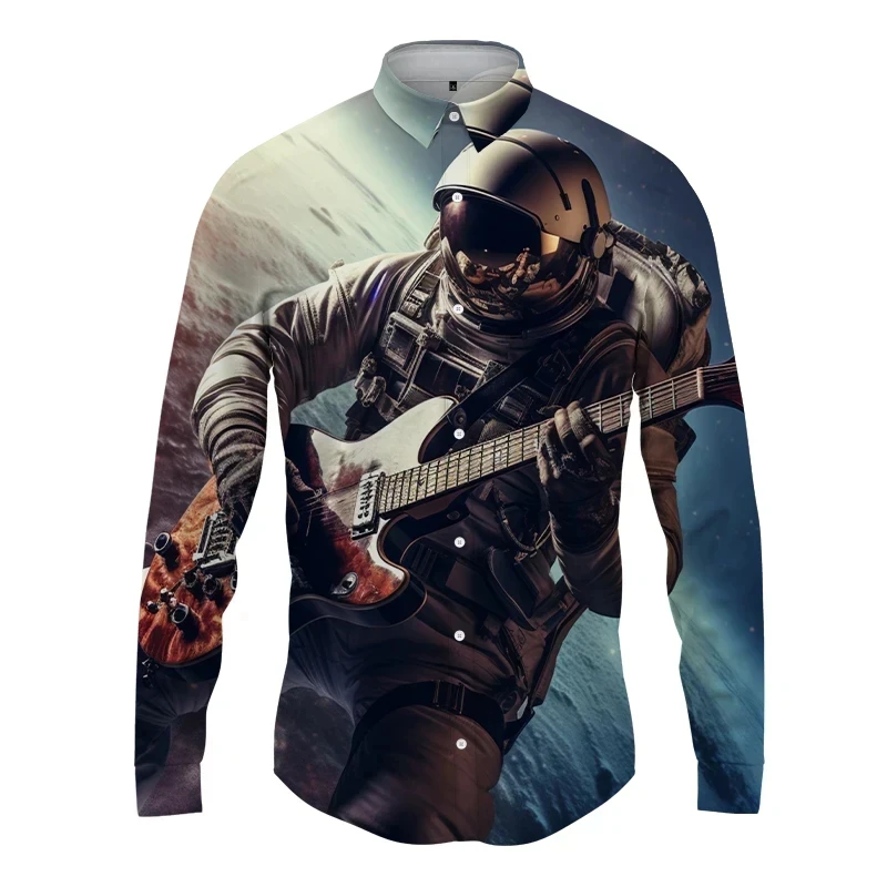 thumbnail image 1 of Camisetas con estampado 3D de astronauta espacial para hombre, camisetas casuales de manga larga con botones, ropa de calle, blusa de gran tamaño para hombre, 1 of 5