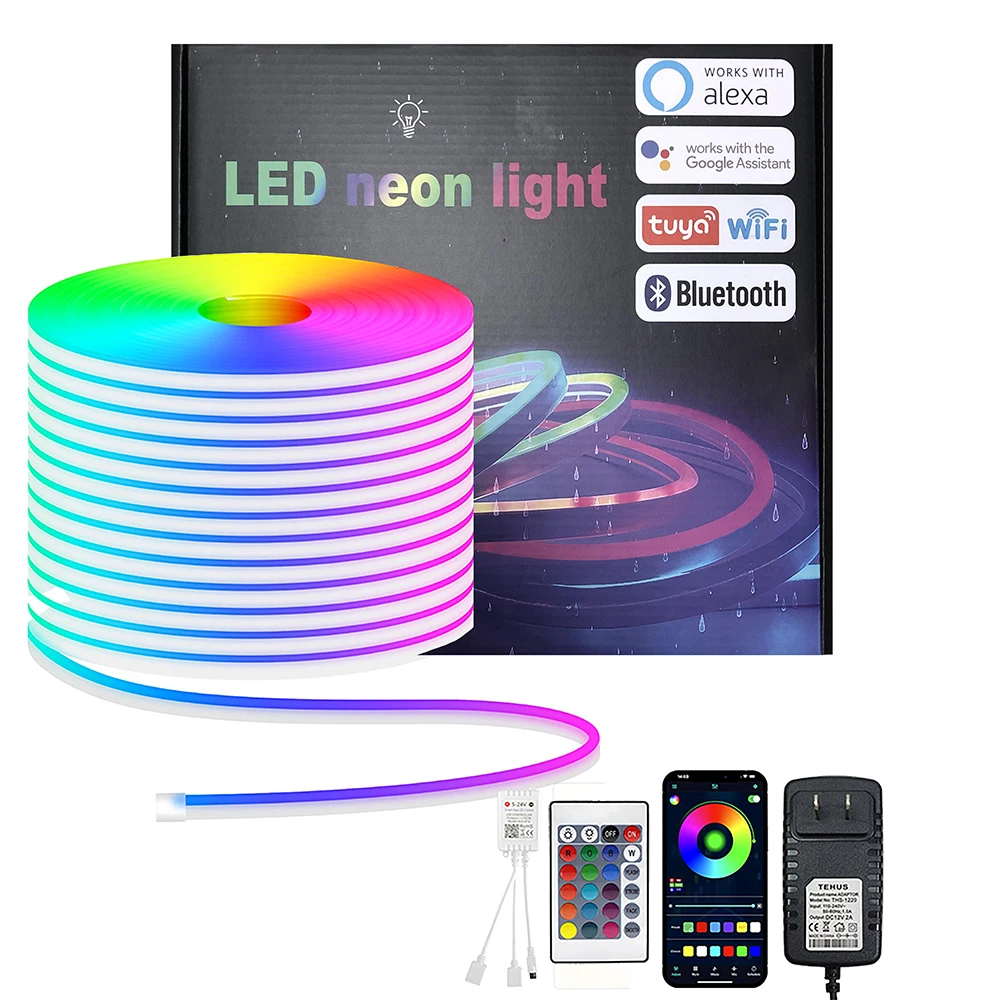 ไฟ LED RGB แบบยืดหยุ่น 5-30 เมตร พร้อมรีโมทคอนโทรลแอปอัจฉริยะสำหรับตกแต่งบ้าน แถบไฟนีออนกันน้ำ 24V 1