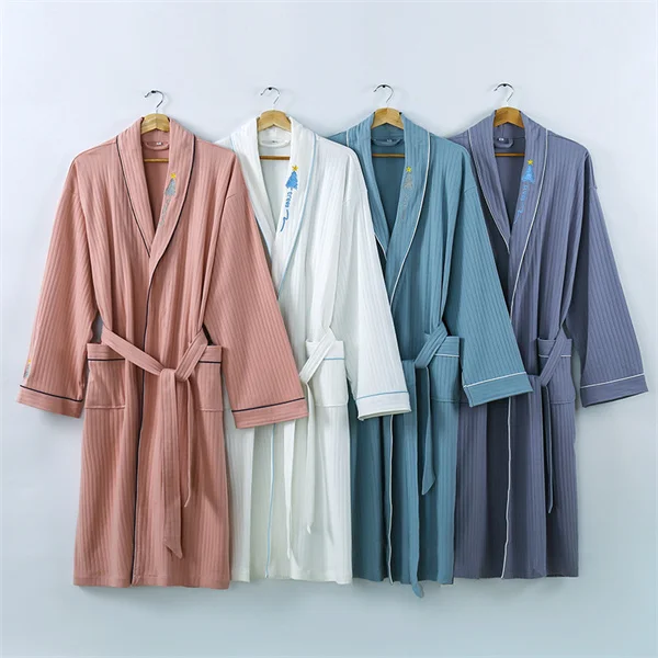 Reine Baumwolle Morgenmantel frauen Pyjamas Neue Langarm Herbst Winter Paar Robe Stricken Nachtwäsche Frau Bademantel Dusche Robe – Detail 6